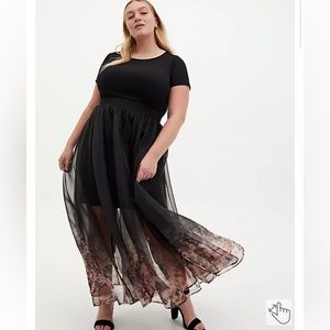 TORRID 00x BLACK FLORAL SCUBA ORGANZA CONVERTIBLE SKATER DRESS NWT